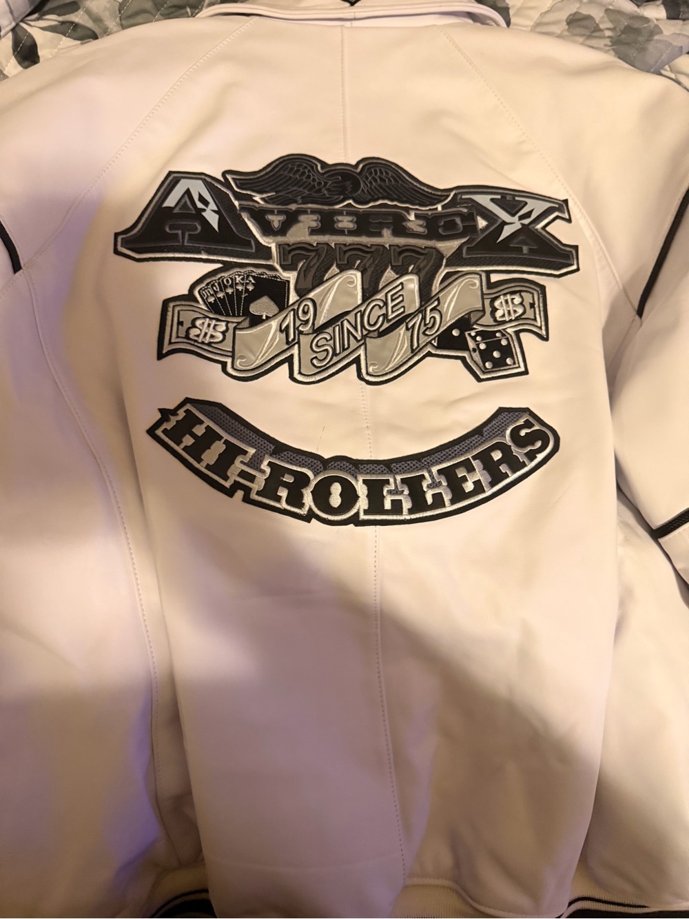 Avirex White Bomber Jacket with Black Hi-Rollers Patch